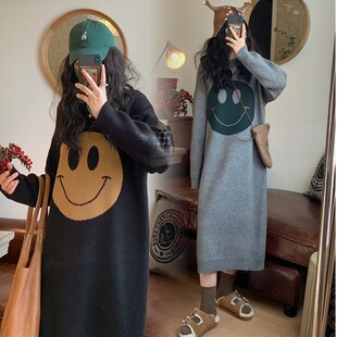 孕妇装春秋款2023新款春装针z织连衣裙上衣女中长款过膝毛衣打底