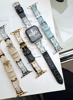 适用OPPOwatch-Sport镶钻鳄鱼纹皮质S手表带X2MINI/34pro轻奢拼皮