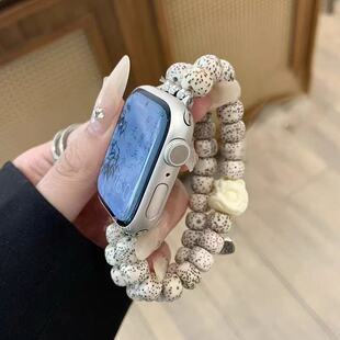 适用中国风华为苹果表带45mm通用iwatch新款手表弹力串珠菩提个性