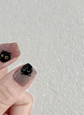短款穿戴甲显白猫咪和骨头猫眼黑色美甲可拆卸高级短款