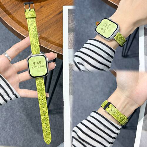 适用苹果手表皮质表带复古印花Apple Watchs10/9/8时尚iWatch腕带