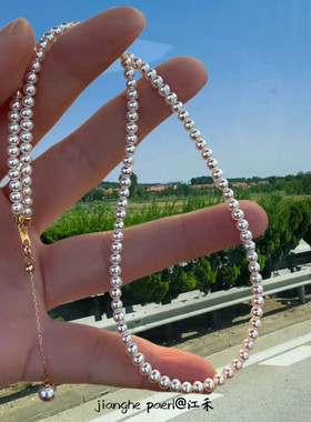 天然海水akoya珍珠小米链项链18k金baby锁骨链小灯泡极光正圆精致