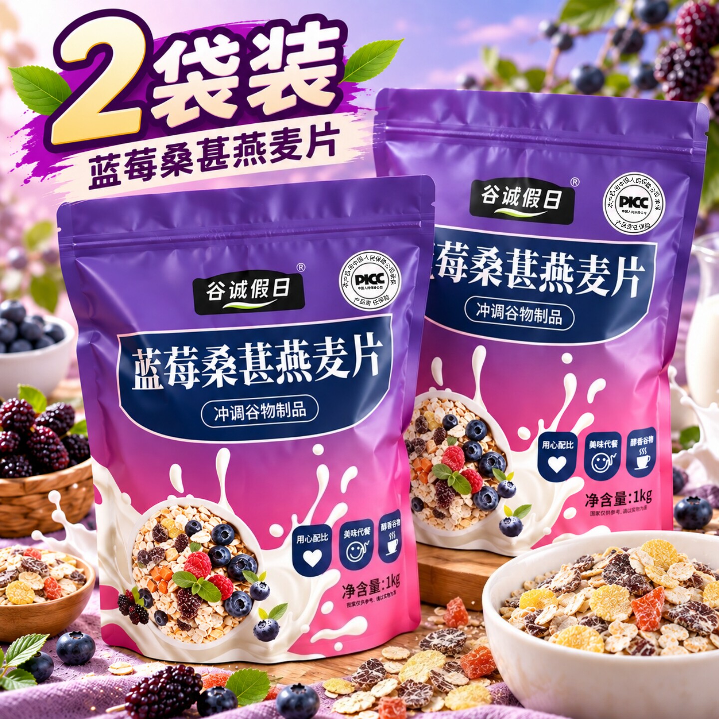 【蓝莓桑葚燕麦片】1kg*2大袋居家囤货免煮即食日常营养早餐麦片