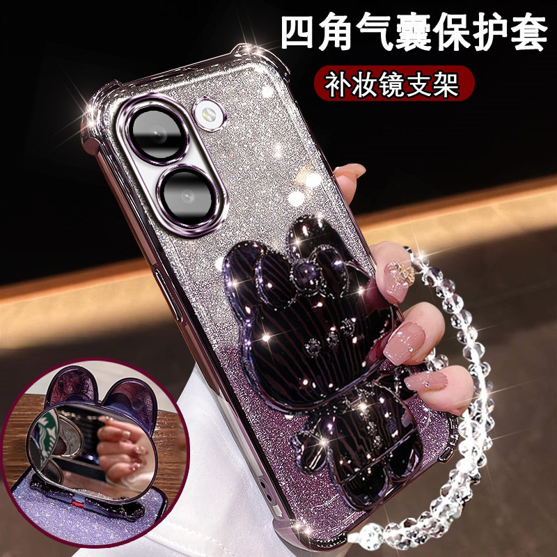 适用小米红米turbo5手机壳网红高级闪粉RedmiTurbo5可爱兔支架镜子2511FRT34镜头膜全包turbo5防摔软壳保护套