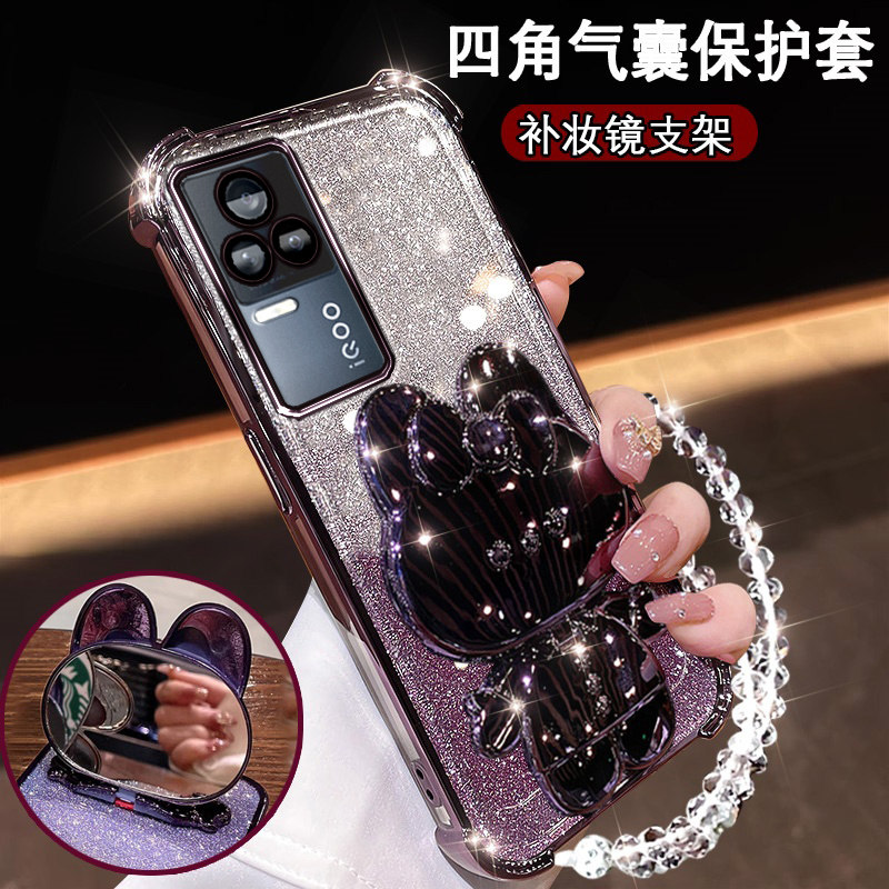红米k40s网红手机壳新款K40S闪粉软硅胶Redmi K40S全包镜头膜k40S高档网红K40S可爱兔支架镜子k40S防摔保护套