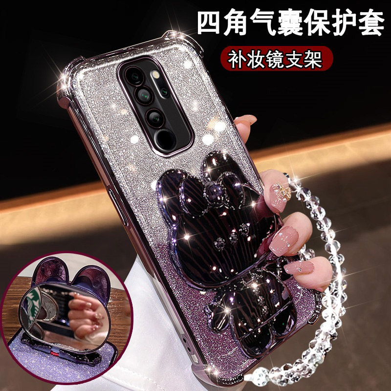 红米Note8pro网红手机壳镜头膜全包Redmi Note8pro可爱兔耳支架镜子Note8pro硅胶软壳note8por新款防摔保护套