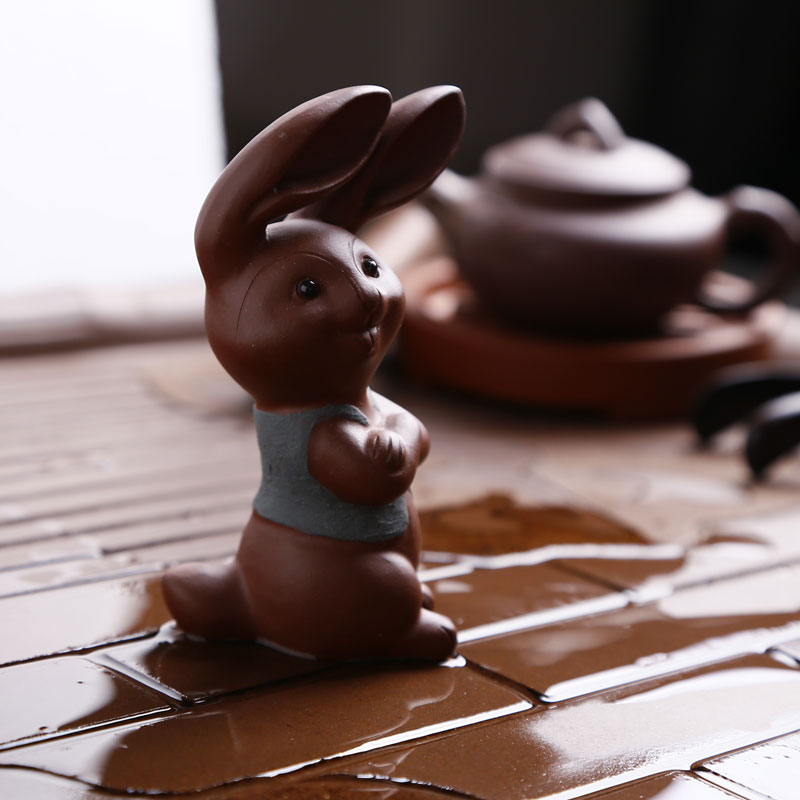 宜兴紫砂创意茶玩摆件 茶具配件个性可爱生肖小兔子 可养精品茶宠