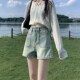 女薄款 夏季 2025年新款 蓝色复古高腰牛仔短裤 宽松显瘦a字阔腿热裤