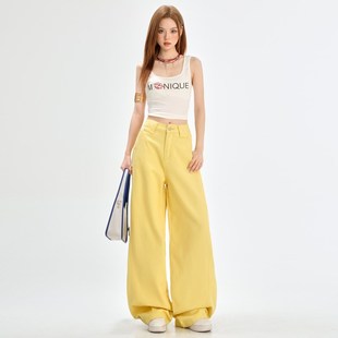 柠檬黄色阔腿牛仔裤女美式复古宽松直筒2025春季新款镰刀拖地裤子