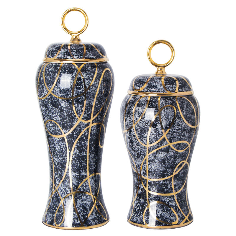 轻奢高级灰手绘金色丝带曲线圆环盖子欧式陶瓷罐电视柜书柜装饰品,家居饰品,桌面摆件,淘宝优惠券,粉丝福利购,淘宝优惠卷