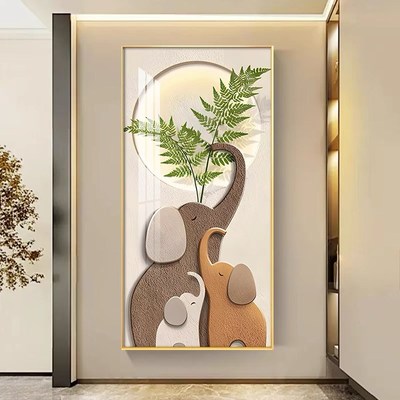 奶油风大象玄关装饰画带灯入户走廊尽头挂画寓意好客厅过道发光画