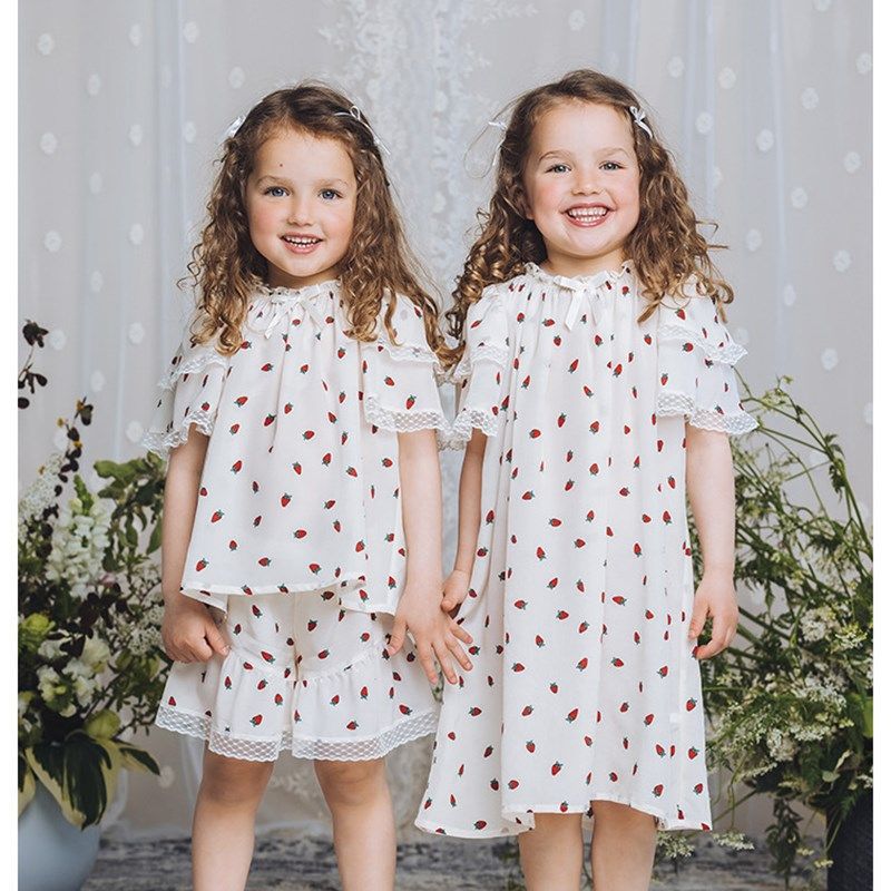 儿童夏季薄款家居服女童草莓印花睡裙小女孩可爱短袖蕾丝睡衣套,童装/婴儿装/亲子装,家居裙/睡裙,淘宝优惠券,粉丝福利购,淘宝优惠卷