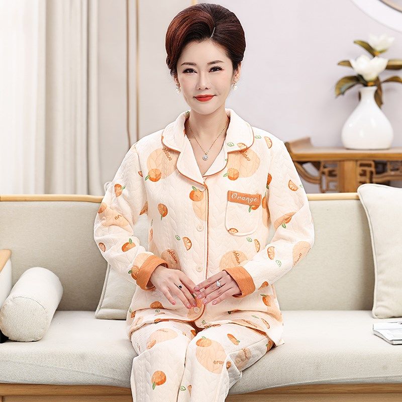中年妈妈睡衣纯棉加厚秋冬季夹层妇女士J空气棉家居服全棉休闲大