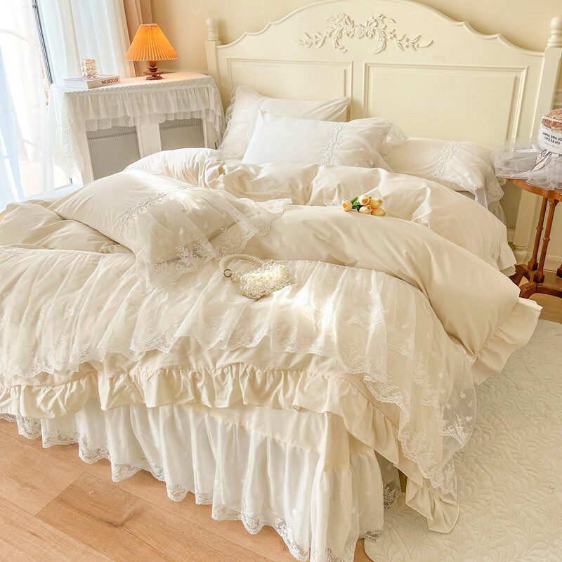 小清新全棉水洗棉四件套少女心蕾丝花边刺绣被套纯棉1.8m床上用品