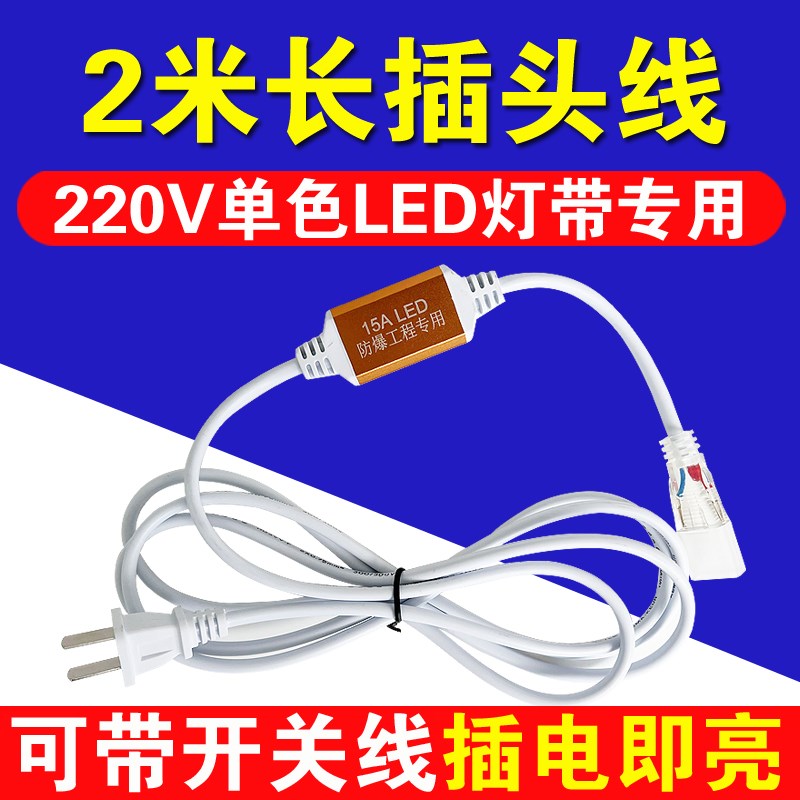 220V灯带插头加长款2米长两针led灯带插头带开关1.2米镇流器2835