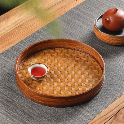 大漆竹编托d盘家用圆形收纳筐中式复古龟甲编奉茶盘茶杯茶具收纳