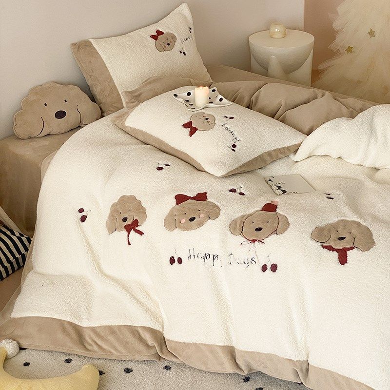 卡通儿童秋冬保暖刺绣牛奶绒四件套加厚立O暖绒双拼床单床上用品