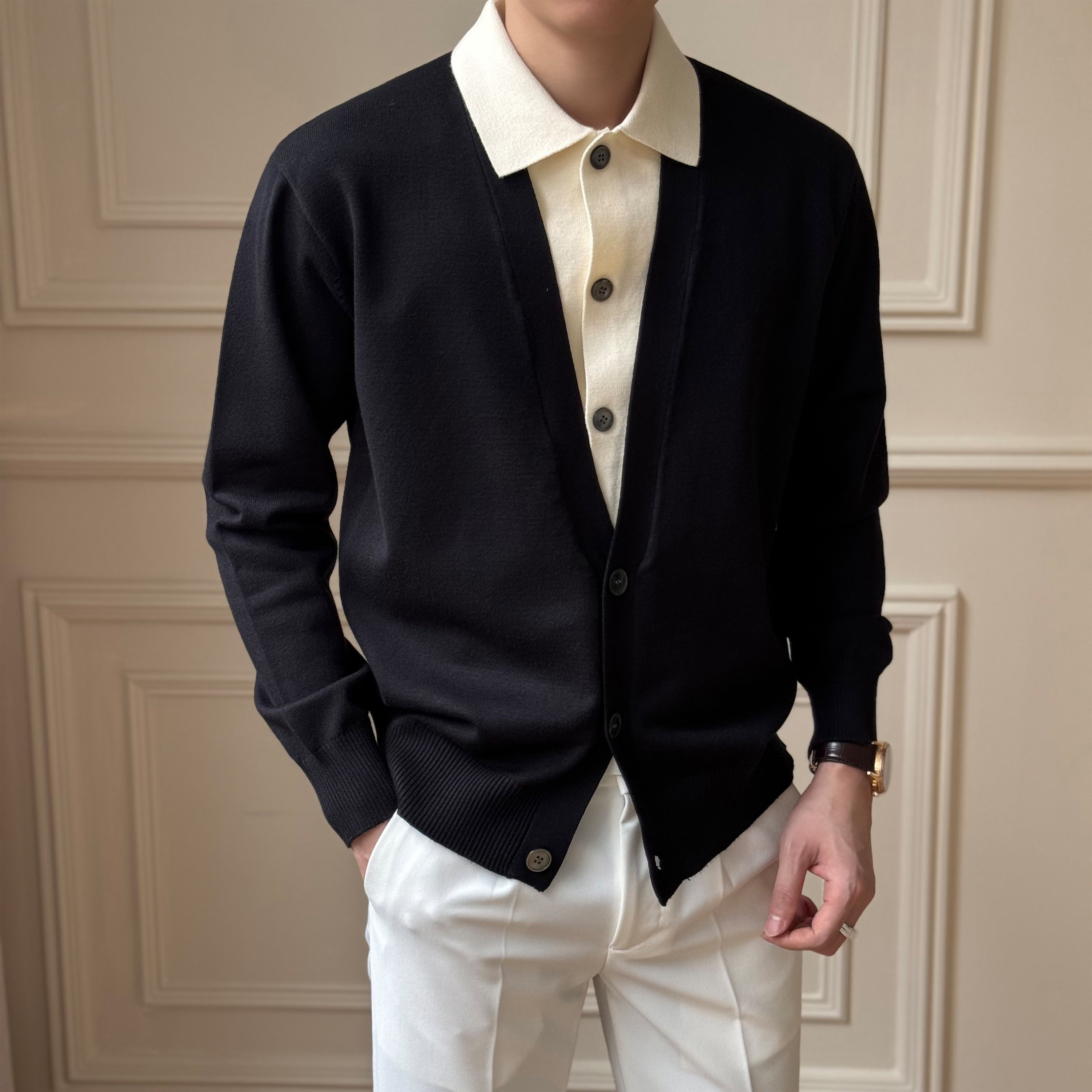 秋冬高级假两件开衫毛衣男2024新款针织衫商务毛衫打底男装外套