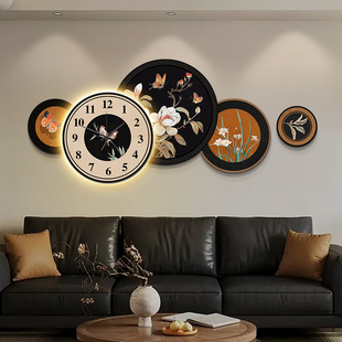 法式中古风钟表挂钟客厅2024新款沙发背景墙挂画复古玄关装饰画灯