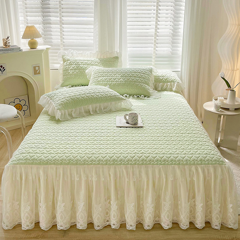 纯色乳胶凉席床裙款三件套冰丝席床罩高端刺绣蕾丝边W公主风空调