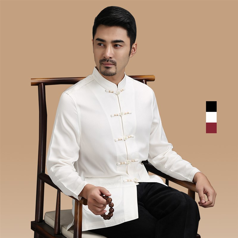 中式休闲唐装男中老年长袖衬衫中国风立领盘扣春夏生日婚礼爸爸装