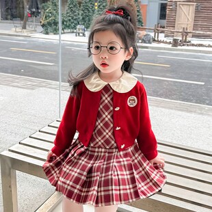 洋气开衫 2025新款 连衣裙女宝宝儿童开春两件套 百褶裙套装 女童春装