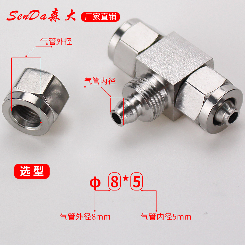 304不锈钢快拧气动正三通带螺纹PU气管接头尼龙四氟软管高压对接