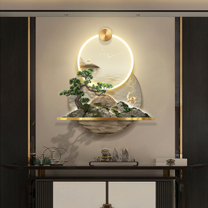 3D立体发财树入户玄关装饰画轻奢led新中式山水挂画茶室壁画图片