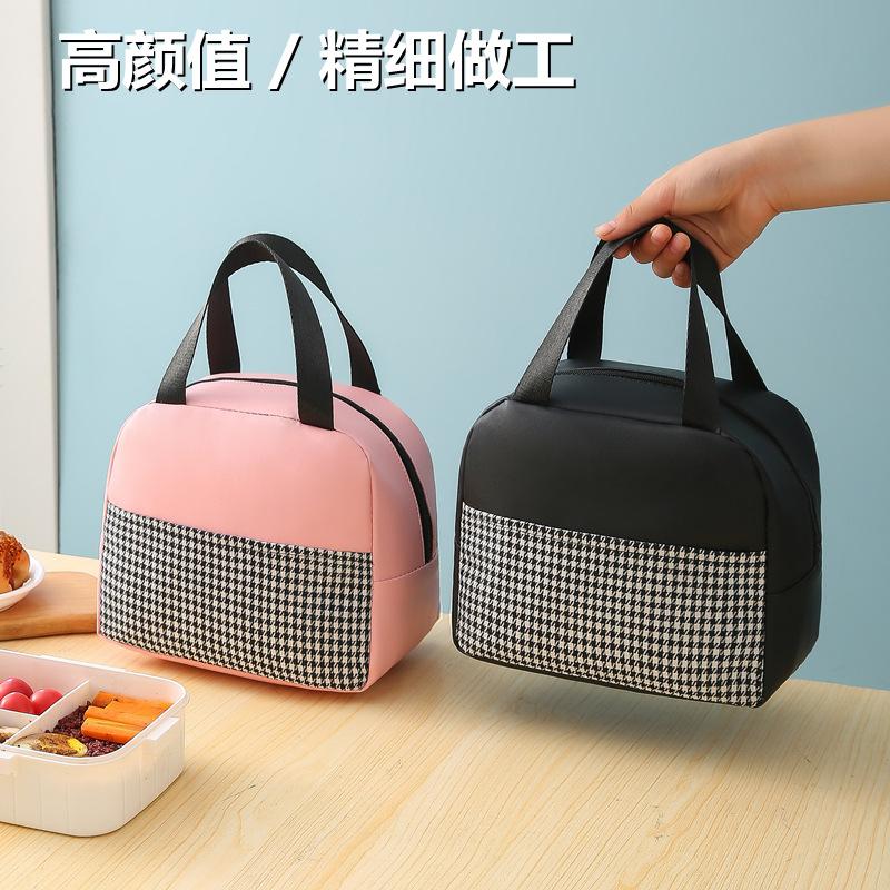 格纳新品PU千鸟格保温包皮革防水手提便当包饭盒包野餐带饭包袋