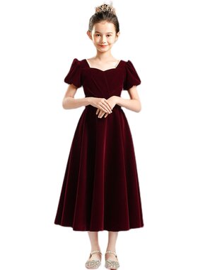 红色女童礼服花童公主裙儿童主持人钢琴演出服高端生日晚礼服秋冬