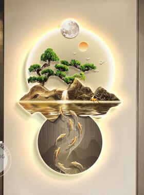 新中式迎客松玄关装饰画九鱼图客厅走廊过道 带灯led挂画山水壁画