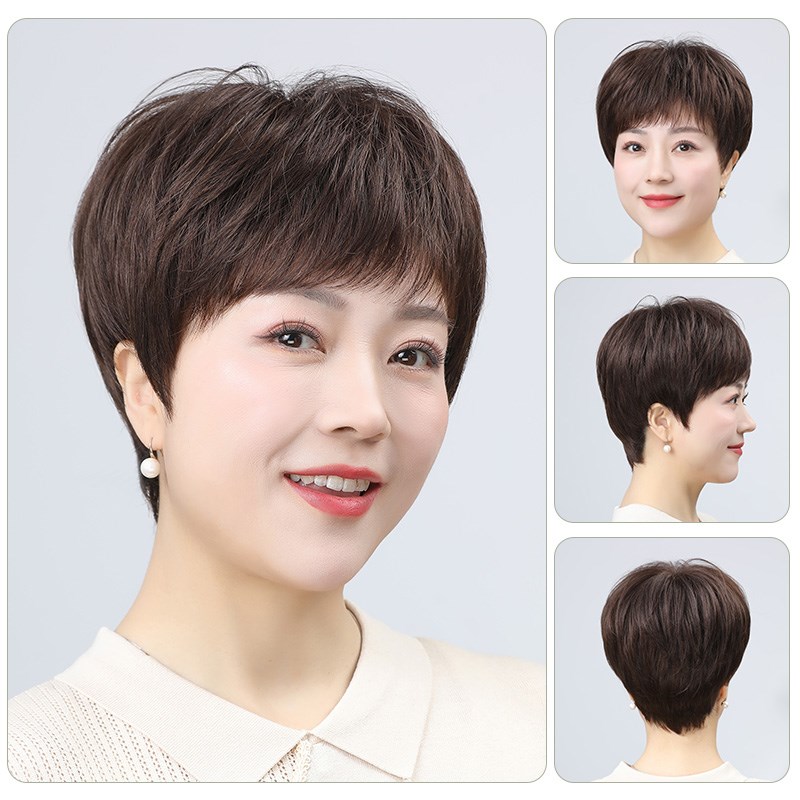 假发女全头套真发头套全真人自然夏天薄款中老年女妈妈款短发型