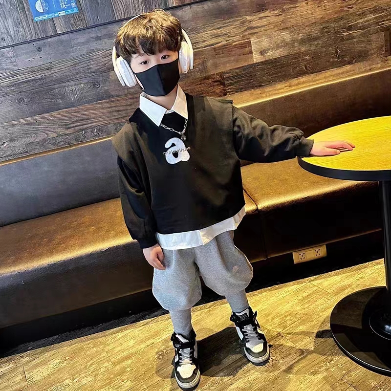 男童衬衫马甲套装小童春秋2023新款男孩卫衣长裤秋装男宝宝三件套