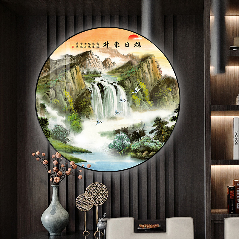 鸿运当头圆形装饰画流水生财客厅沙发背景墙挂画自粘防水无框画芯图片