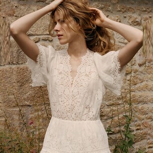 2025新款 爆款 连衣裙女春夏装 重工绣花短袖 白色A字长裙子 DOEN法式