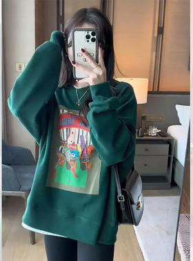 绿色印花圆领早秋卫l衣女2023年新款秋冬加绒宽松大尺码遮臀外套