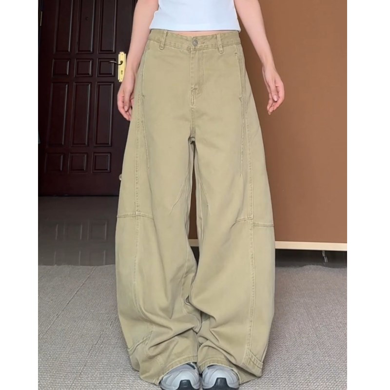 大码美式复古卡其色弯刀牛仔裤女夏季2025新款解构宽松阔腿直筒裤