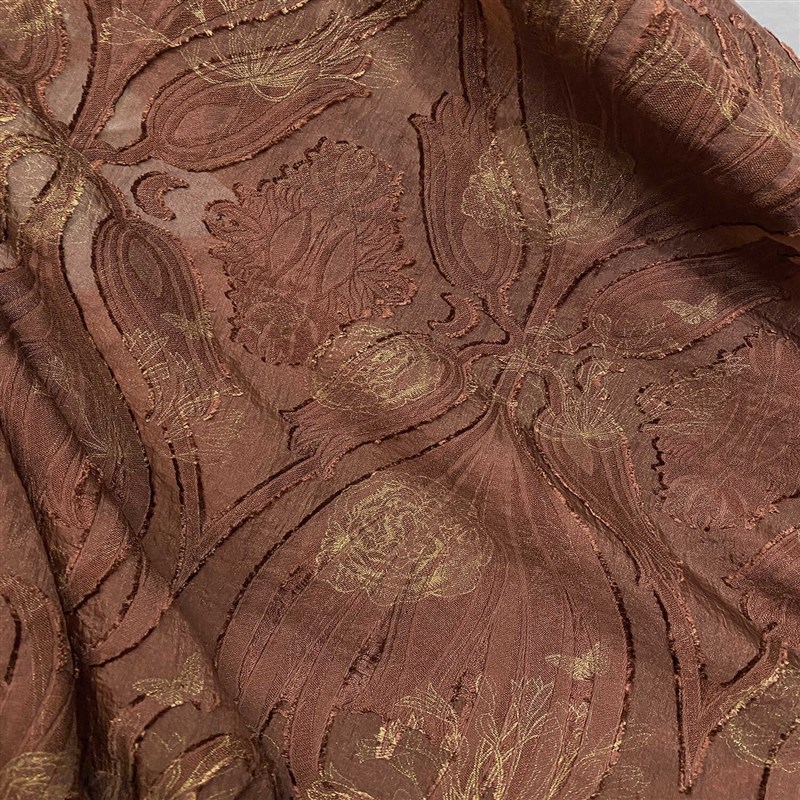 精美花瓣剪花烫金印花布料红褐色气质款连衣裙衬衫小衫新中式面料