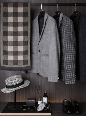 样板间衣柜男士西服帽子托盘格子围巾皮鞋软装陈列套装组合