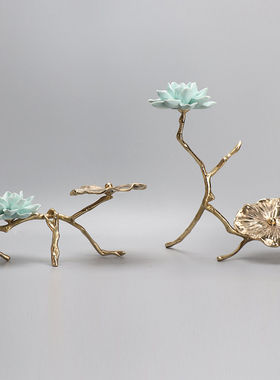 新中式创意铜荷叶陶瓷莲花家居客厅装饰摆件客厅办公桌工艺品软装