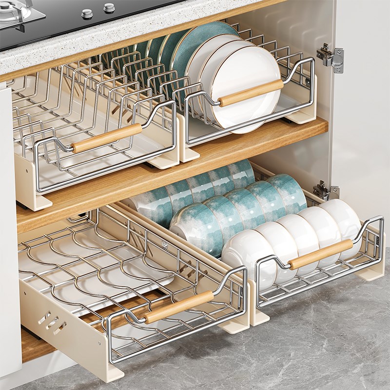 抽拉碗碟收纳架不锈钢厨房橱柜内置物架下水槽抽屉式碗盘子沥水架