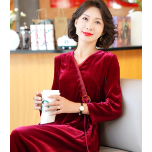 真丝丝绒连衣裙秋季 高贵洋气婚宴妈妈礼服气质优雅长裙子 2023新款