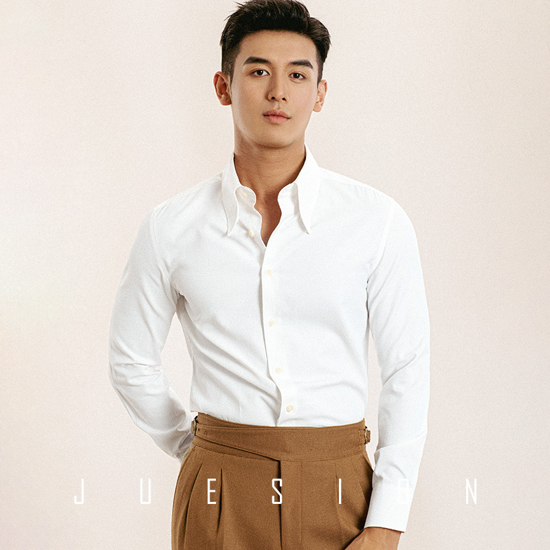 长尖领白衬衫男长袖春装透气修身商务正装高级感工装结婚白衬衣