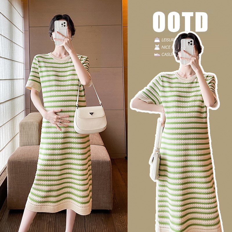 孕妇装夏装时尚短袖条纹连衣裙2025新款孕妇裙夏季怀孕休闲裙子夏