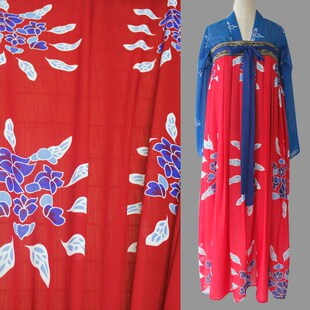 唐风团花印花雪纺汉服女装布料古风面F料DIY手工布艺(半米起售)
