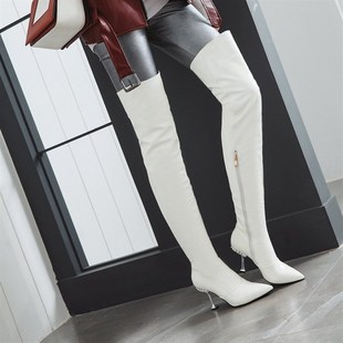 黑色白色银色亮漆皮猫跟长靴细跟过膝靴高跟尖头女鞋夜.店舞台表