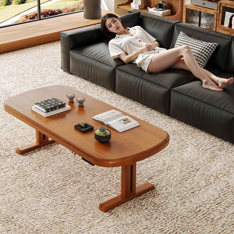 宏顺实木可移动升降茶几餐桌两用二合一电动升降桌中古风大板原木