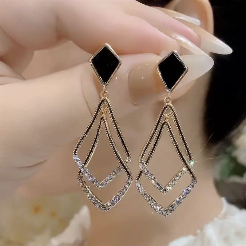 高级感黑色几何耳环2022年新款潮气质双层菱形耳钉网红显脸瘦耳饰,饰品/流行首饰/时尚饰品新,耳环,淘宝优惠券,粉丝福利购,淘宝优惠卷