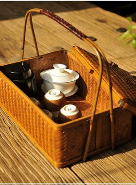 手工竹编藤编提篮多层食盒茶点盘茶具月饼点心篮子筐子收纳筐盒子