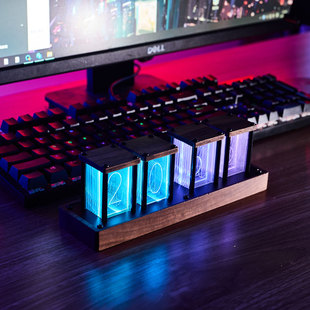 RGB拟辉光管时钟电竞桌面摆件DIY套件创意电视柜实木电子数字钟